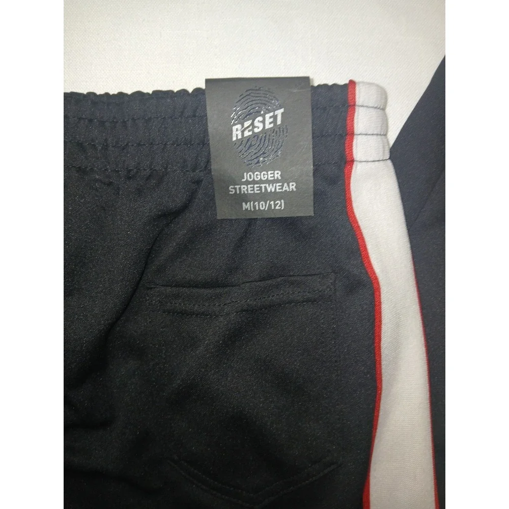Reset Boys Tricot Track Pants Black White Red Side Stripe Sz 10/12